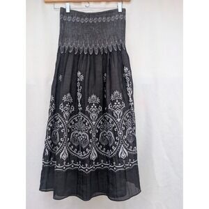 J Gee Women Charcoal Grey White Damask Print‎ Smocked Waist Midi Skirt OS G886